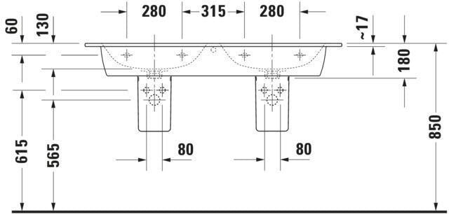 DURAVIT ME by Starck Doppel-Waschtisch 1300 mm Weiß mit Überlauf und 2 Hahnlöchern