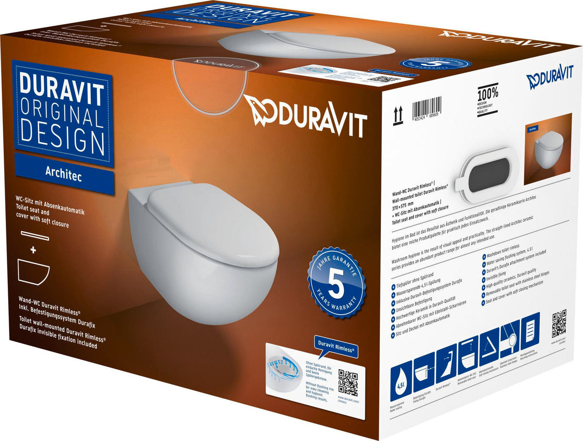 DURAVIT Wand-WC Set Architec, Weiß, spülrandlos Tiefspüler inkl. WC-Sitz mit Absenkautomatik