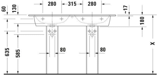 DURAVIT ME by Starck Doppel-Waschtisch 1300 mm Weiß mit Überlauf und 2 Hahnlöchern