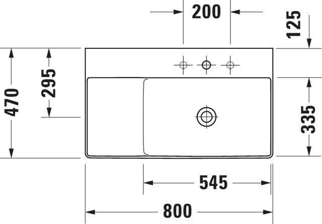 Duravit DuraSquare Waschtisch 800 mm, weiß, ohne Überlauf, mit Hahnlochbank, Becken rechts, geschliffen