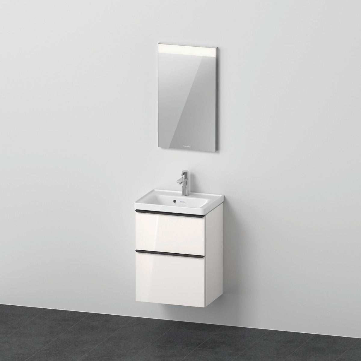 Duravit D-Neo Möbel-Set 500x400mm Weiß Hochglanz mit Waschtisch, Unterbau und Spiegel