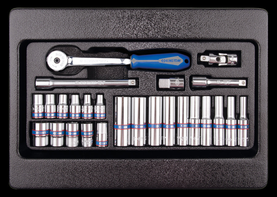 KING TONY Profi-Werkzeuge - 1/4" Steckschlüssel-Set, metrisch, mit Zubehör, Thermoform - 26 tlg. 92526MR