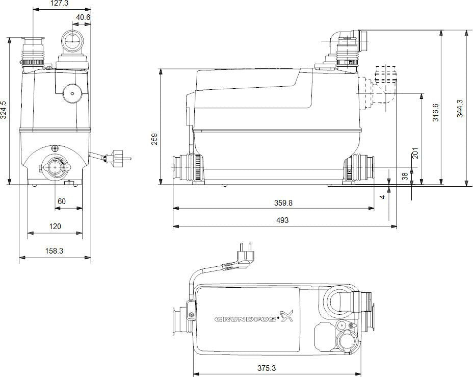 GRUNDFOS Kleinhebeanlage Sololift2 C-3 0,6 kW – Grauwasser, 4 Zuläufe, EN 12050-2