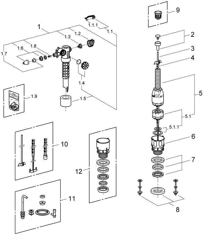 GROHE Servo-Set Austauschgarnitur 43907 mit Füllventil und Ablaufventil für Keramik-Spülkästen