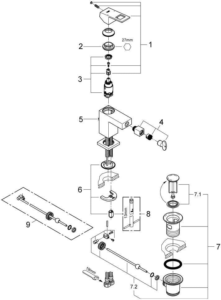 GROHE Eurocube Einhand-Bidetbatterie 23138 mit Zugstangen-Ablaufgarnitur – Chrom, SilkMove, EcoJoy