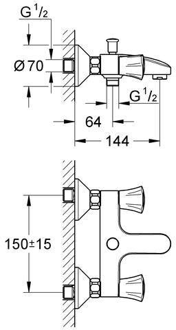 GROHE Costa 2-Griff-Wannenbatterie 25450_1 DN15 Wandmontage Chrom – mit Mousseur & Rückflussverhinderer