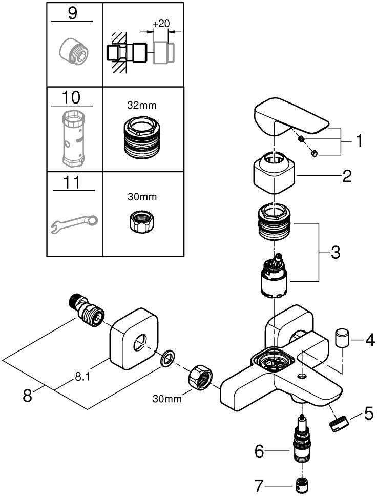 GROHE Cubeo Einhand-Wannenbatterie Wandmontage Chrom – SilkMove & Rückflussverhinderer