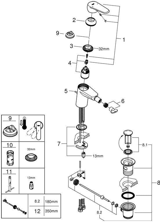 GROHE Eurodisc Cosmopolitan Einhand-Bidetbatterie mit Zugstangen-Ablaufgarnitur, chrom