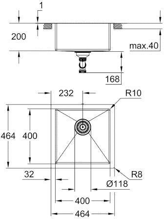 GROHE Edelstahlspüle K700 45-S 464x464 mm – Unterbau, Aufliegend oder Flächenbündig