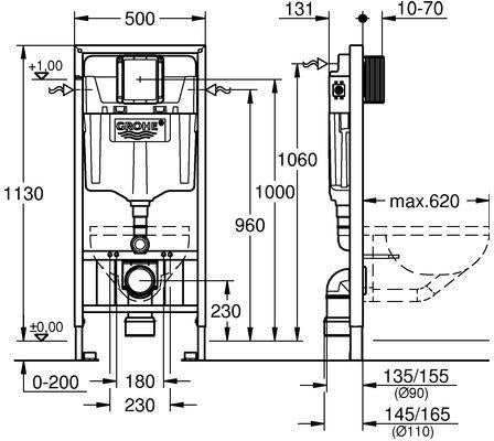 GROHE WC-Element Rapid SL 38897 – 1,20 m Vorwandmontage für WCs mit schmaler Auflagefläche
