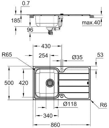 GROHE K500 Edelstahlspüle 860x500mm mit Abtropffläche, 1 Becken, reversibel