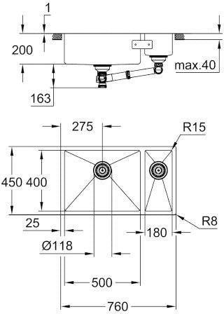 GROHE K700 Unterbau-Edelstahlspüle 1,5 Becken 760x450 mm, Einbau links, AISI 304