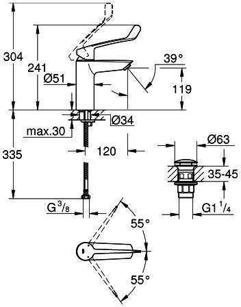 GROHE Eurosmart Professional 120 mm Waschtischarmatur mit langem Hebel und Push-open Ablaufgarnitur, Chrom
