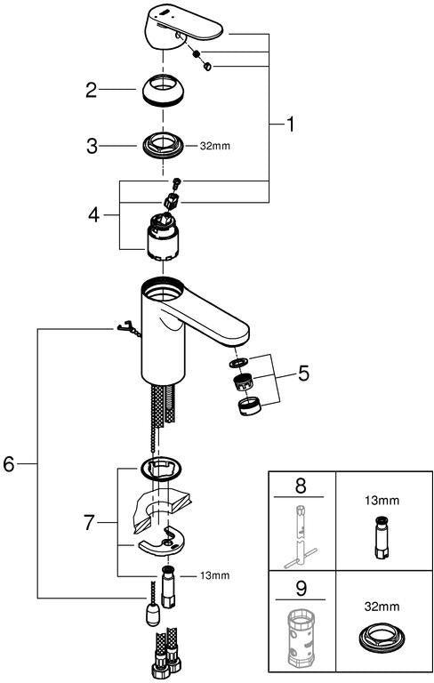 GROHE Eurosmart Cosmopolitan Einhand-Waschtischbatterie M-Size mit Kaltstart-Funktion und Kette