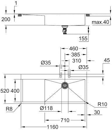 GROHE K1000 Edelstahlspüle 1160 mm mit Abtropffläche, Einbau rechts, 1 Becken