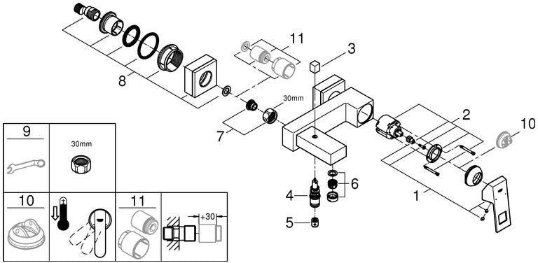 GROHE Eurocube Einhand-Wannenbatterie 23140 Wandmontage eigensicher Chrom – SilkMove & Rückflussverhinderer