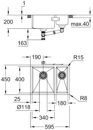 GROHE K700 Unterbau-Edelstahlspüle 1,5 Becken 595x450 mm Einbau links