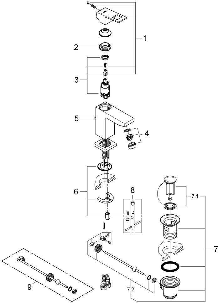 GROHE Eurocube Einhand-Waschtischbatterie mit Zugstangen-Ablaufgarnitur, chrom – Kaltstart-Funktion
