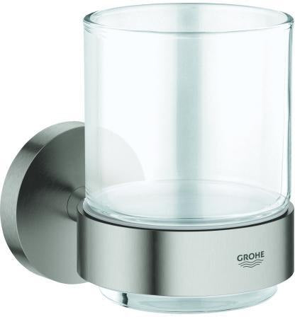 GROHE Essentials Zahnputzbecher mit Halter, Glas/Metall, Chrom, Wandmontage, verdeckte Befestigung