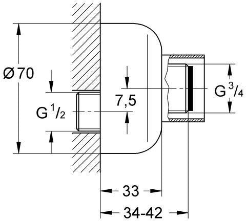 GROHE S-Anschluss 1/2" x 3/4" mit 7,5 mm Verstellbarkeit und Schubrosette in Chrom