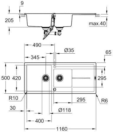 GROHE K400 Kompositspüle 1160x500mm mit Abtropffläche, granit schwarz, reversibel