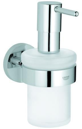 GROHE Essentials Seifenspender mit Halter, Glas satiniert, Chrom, 160 ml, Wandmontage