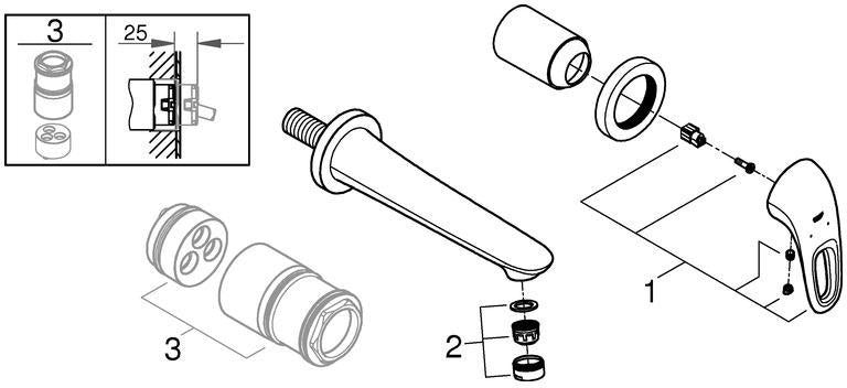 GROHE Eurostyle 2-Loch-Waschtischbatterie Wandmontage Fertigmontageset Chrom