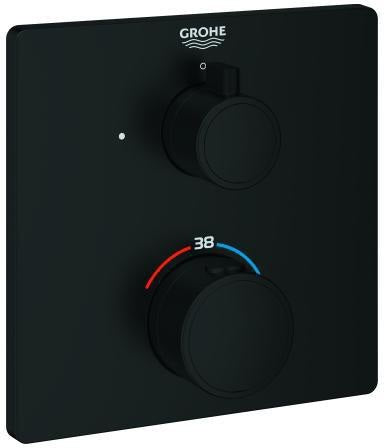 GROHE Grohtherm Thermostat-Brausebatterie 1 Absperrventil matt black eckig – Fertigmontageset