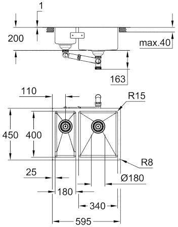 GROHE K700 Unterbau-Edelstahlspüle 1,5 Becken 595 x 450 mm, Einbau rechts – satin finish