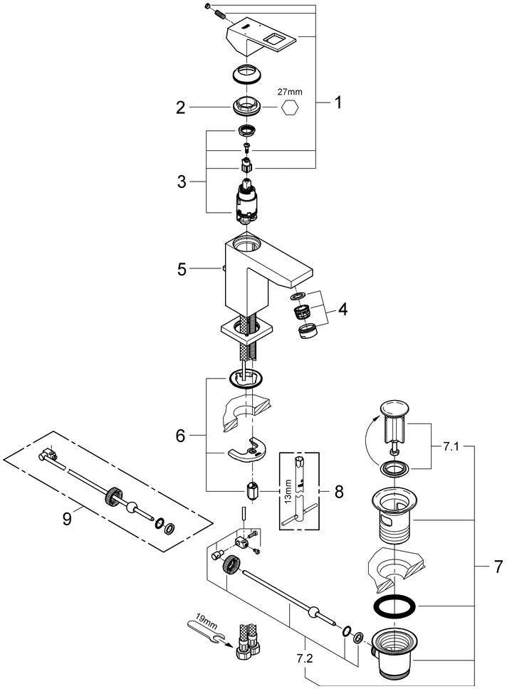 GROHE Eurocube Einhand-Waschtischbatterie mit Zugstangen-Ablaufgarnitur, chrom, EcoJoy