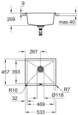 GROHE K700 Unterbau-Spüle 533x457mm Granit Grau – Einzelbecken aus Quartzkomposit