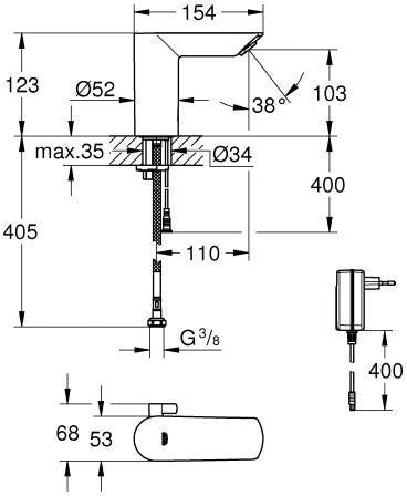 GROHE Bau Cosmopolitan E Infrarot-Elektronikbatterie für Waschtisch, Chrom, mit Mischung und 230 V Netzbetrieb