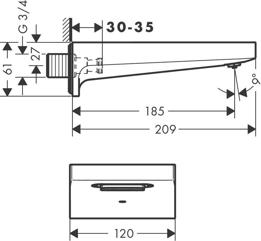 HANSGROHE Wanneneinlauf Metropol 185 mm Wandmontage in Chrom – RainFlow Strahlart