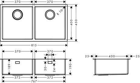 HANSGROHE Unterbauspüle S719-U765 370 x 370 edelstahl – 2 Becken, ohne Hahnloch