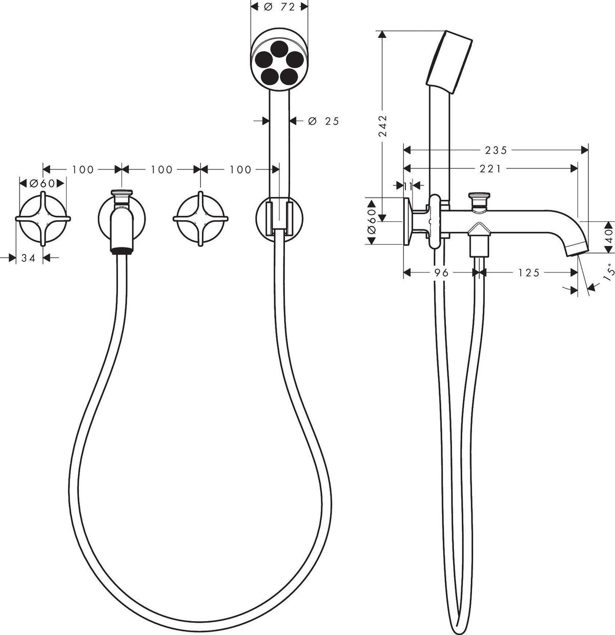 AXOR One 3-Loch Wannenarmatur Unterputz mit Handbrause – Kreuzgriff Chrom