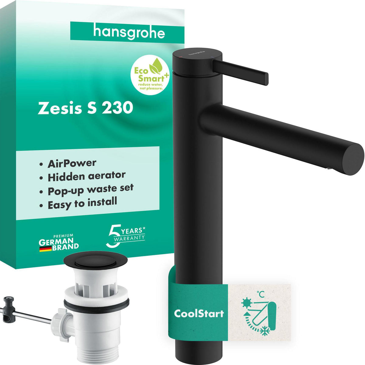 HANSGROHE Zesis S Waschtisch-Einhebelmischer 230 mm mattschwarz mit Zugstangen-Ablaufgarnitur