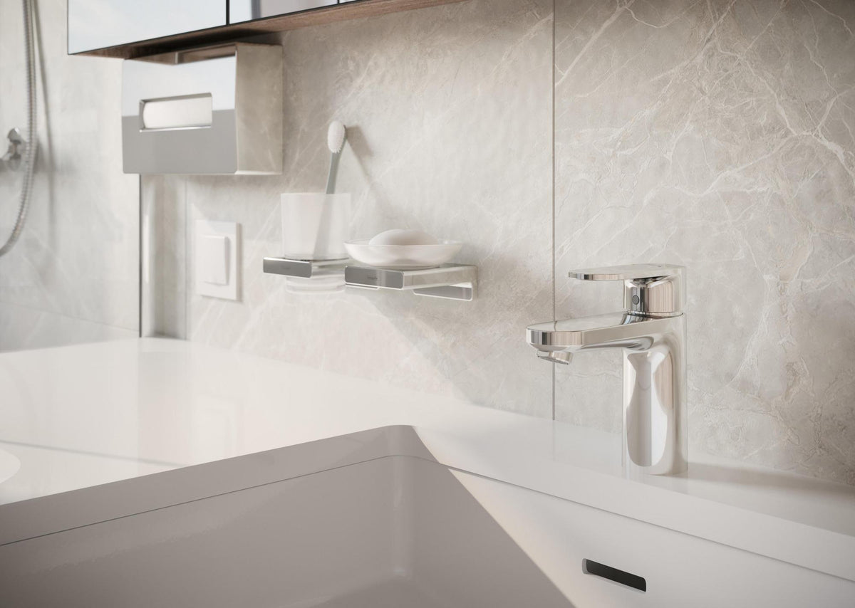HANSGROHE AddStoris Glashalter Wandmontage Chrom – Mattglas Zahnputzbecher-Halter mit verdeckter Befestigung