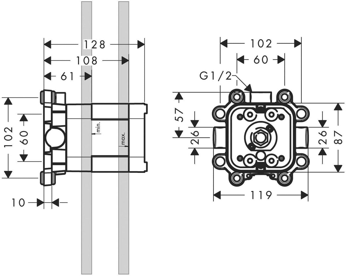 AXOR ShowerSolution Grundkörper für Kopfbrause mit Brausearm, 24x24, thermostatisch