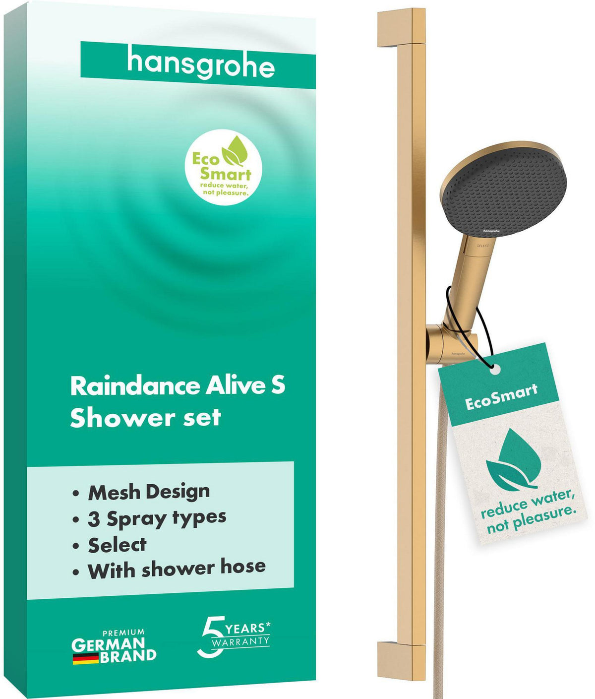 HANSGROHE Raindance Alive Select S 125 Brauseset mit 3 Strahlarten, EcoSmart, Unica 650 mm, Schwarz