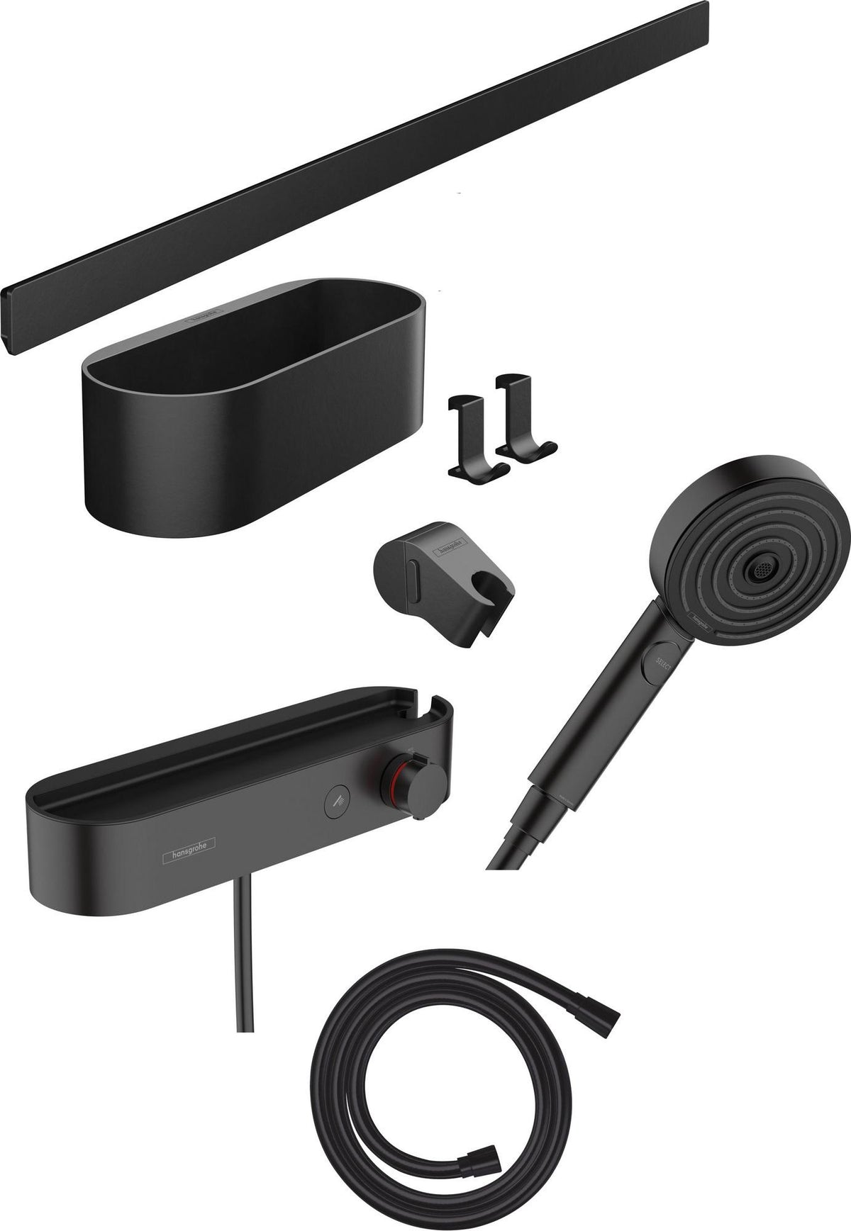 HANSGROHE WallStoris 105 Duschsystem Set mattschwarz mit Thermostat und Handbrause