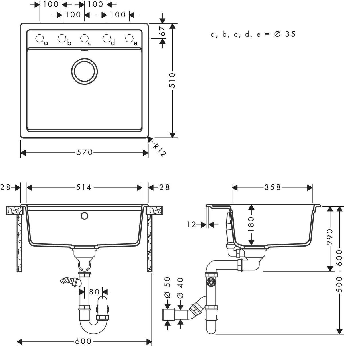HANSGROHE Spüle S520-F510 graphitschwarz – Einbauspüle aus SilicaTec mit Ablaufgarnitur