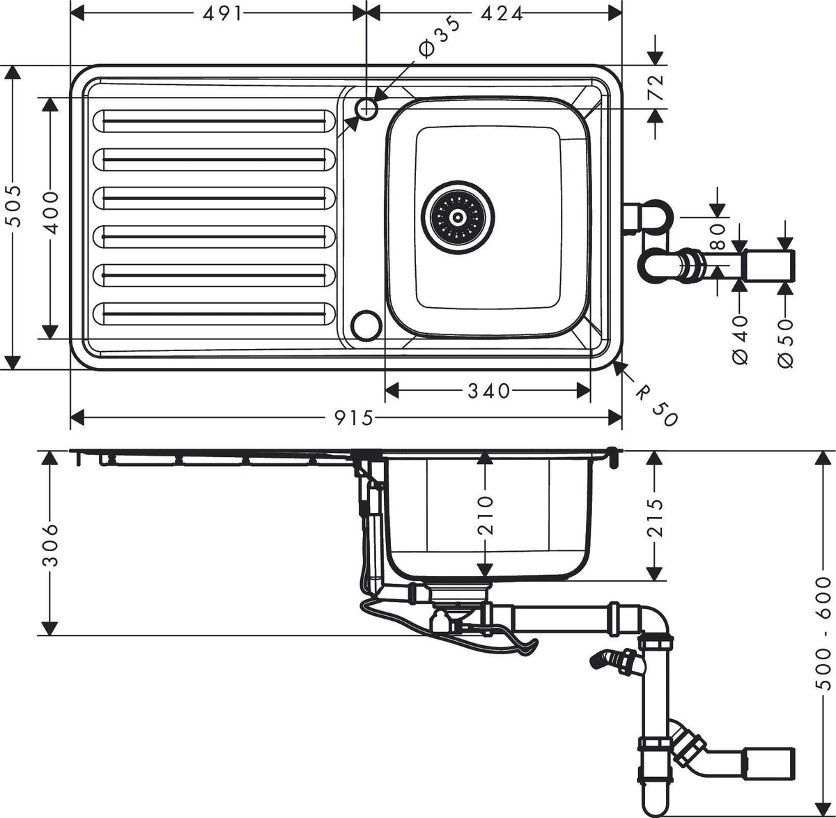 HANSGROHE Einbauspüle S41 340 mit Abtropffläche – Edelstahl, reversibel, 1 Becken