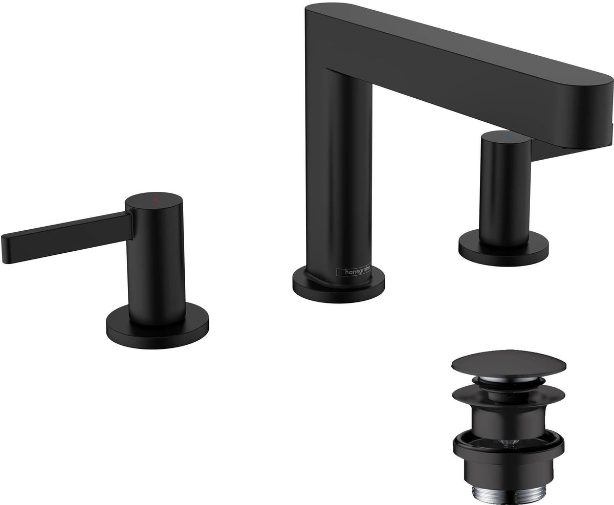 HANSGROHE Finoris 110 3-Loch-Waschtischarmatur mit Push-Open Ablaufgarnitur, Chrom