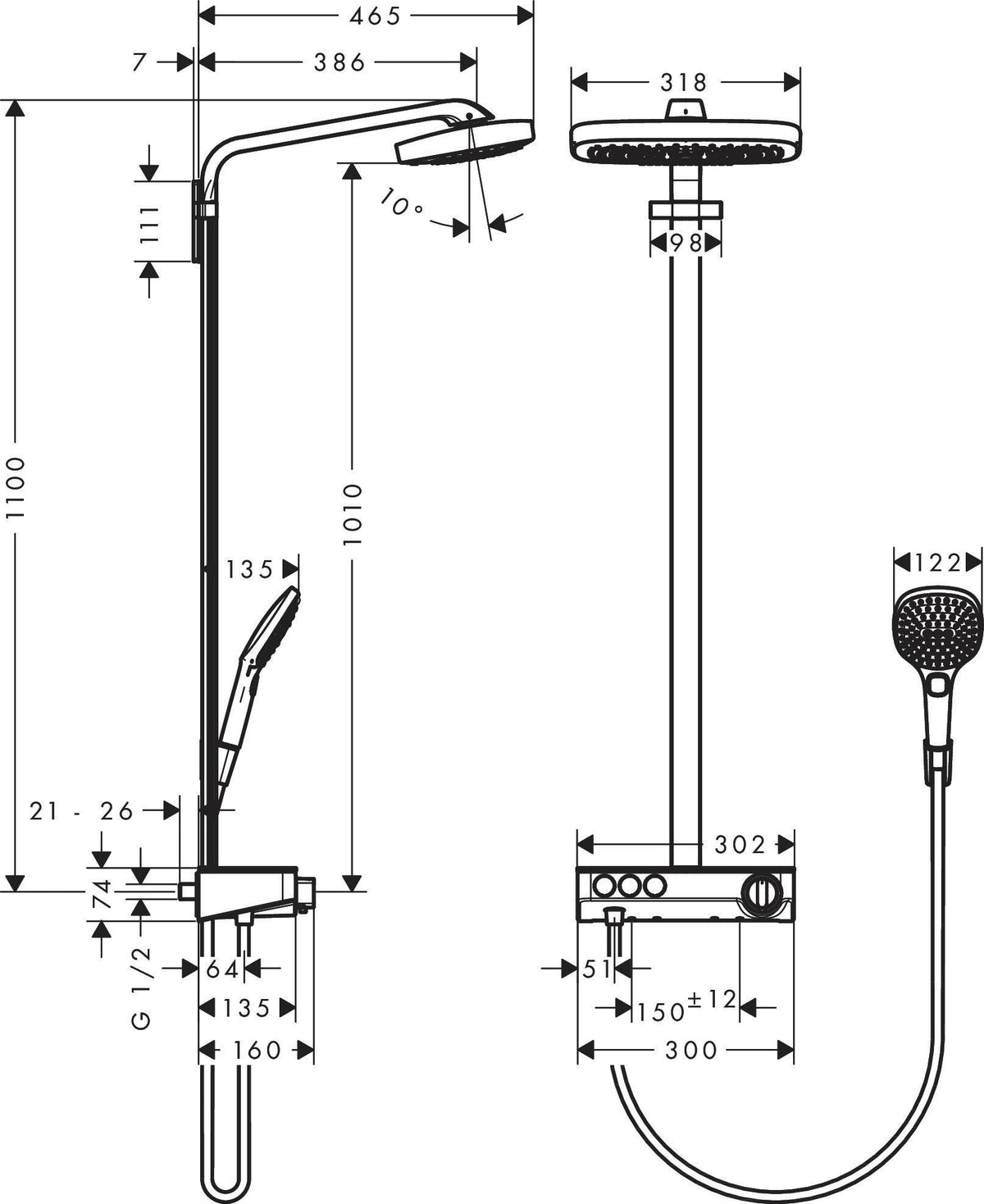 HANSGROHE Showerpipe RAINDANCE SELECT E 300 3jet ST DN 15 chrom – Duschsystem mit Thermostat ShowerTablet Select 300