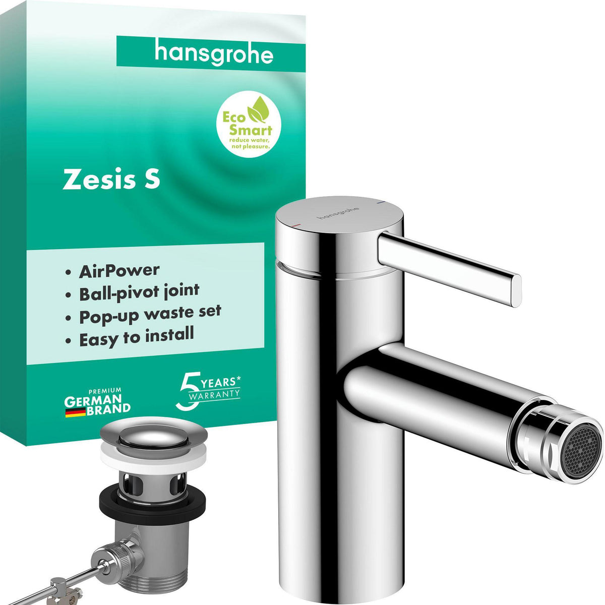 HANSGROHE Zesis S Bidetmischer mit Metall-Zugstangen-Ablaufgarnitur, chrom