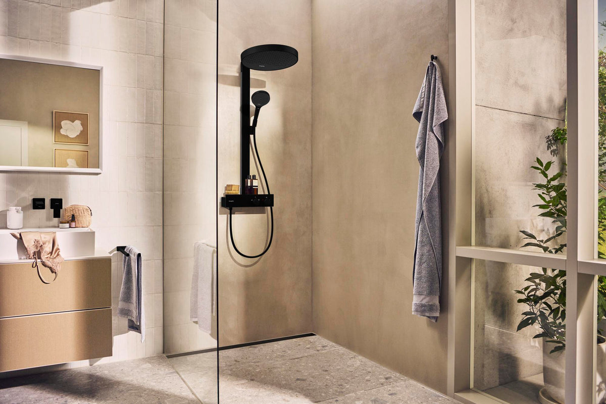 Hansgrohe Rainfinity 350 Showerpipe mit Kopfbrause 360 mm – Chrom, Thermostat, PowderRain