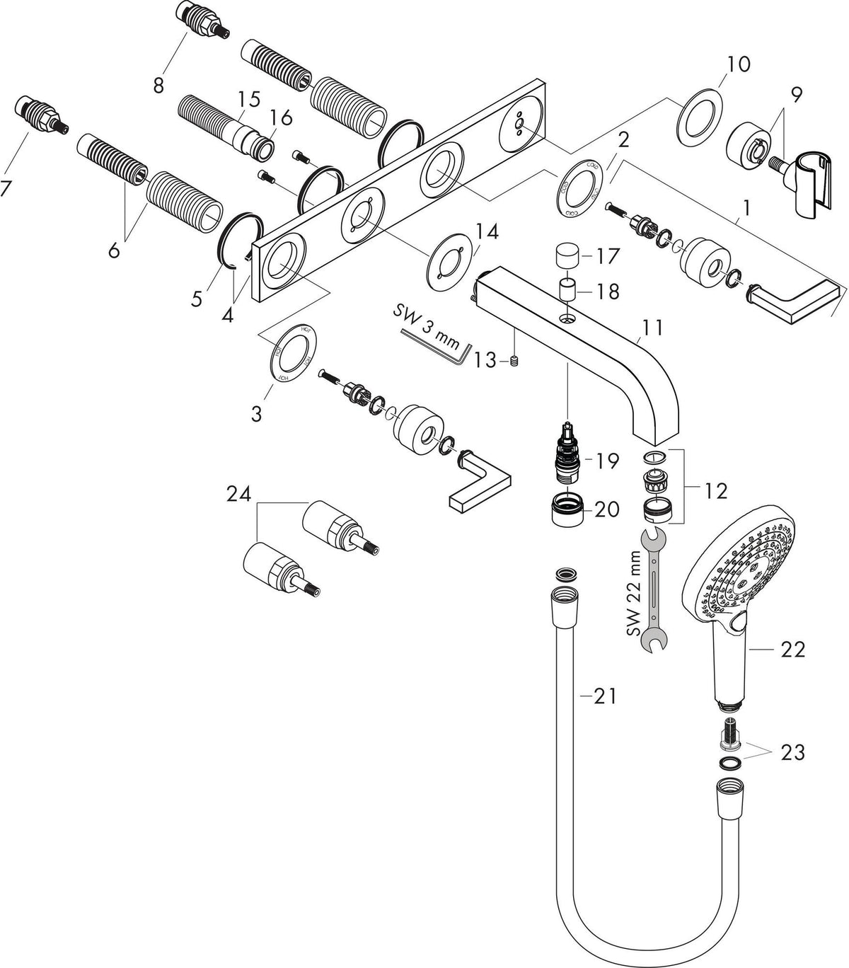 AXOR CITTERIO 3-Loch-Wannenarmatur DN 15 mit Platte, Handbrause & Wanneneinlauf, chrom