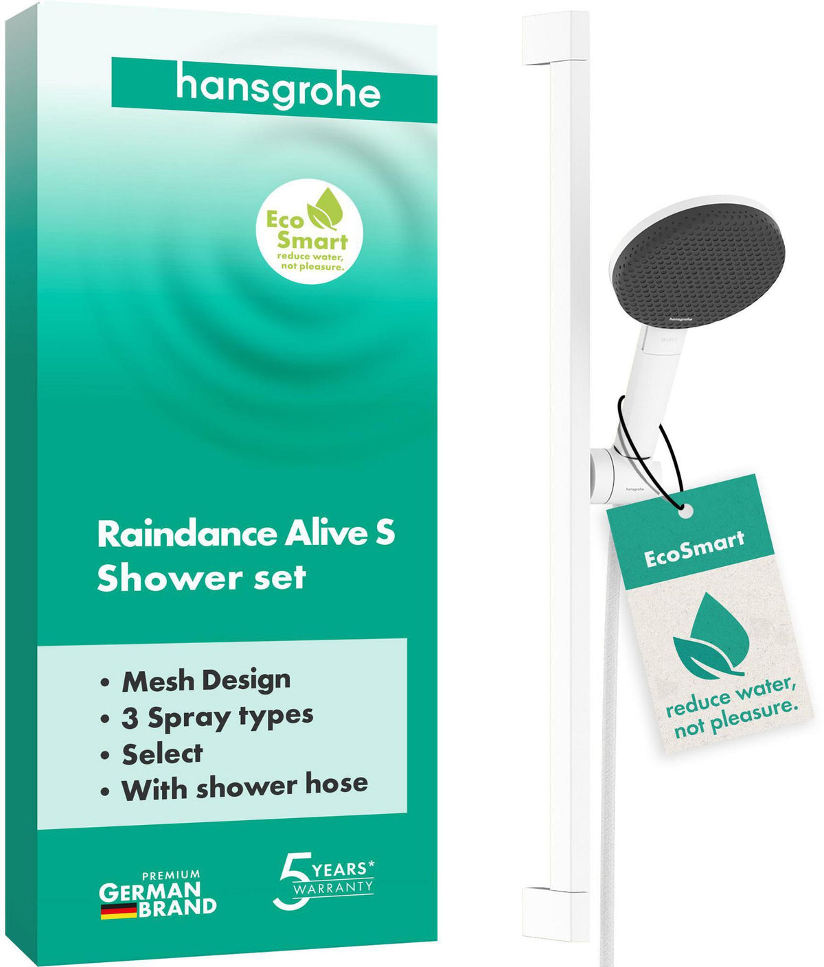 HANSGROHE Raindance Alive Select S 125 Brauseset mit 3 Strahlarten, EcoSmart, Unica 650 mm, Schwarz