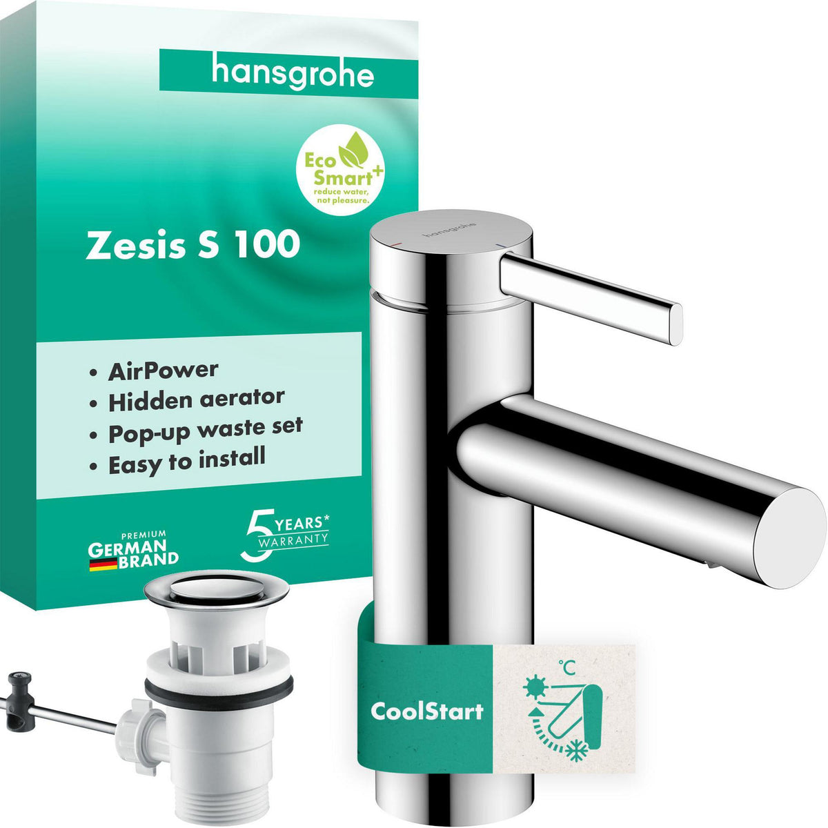 HANSGROHE Zesis S 100 Waschtisch-Einhebelmischer mit Zugstangen-Ablaufgarnitur mattschwarz – ComfortZone 100, CoolStart