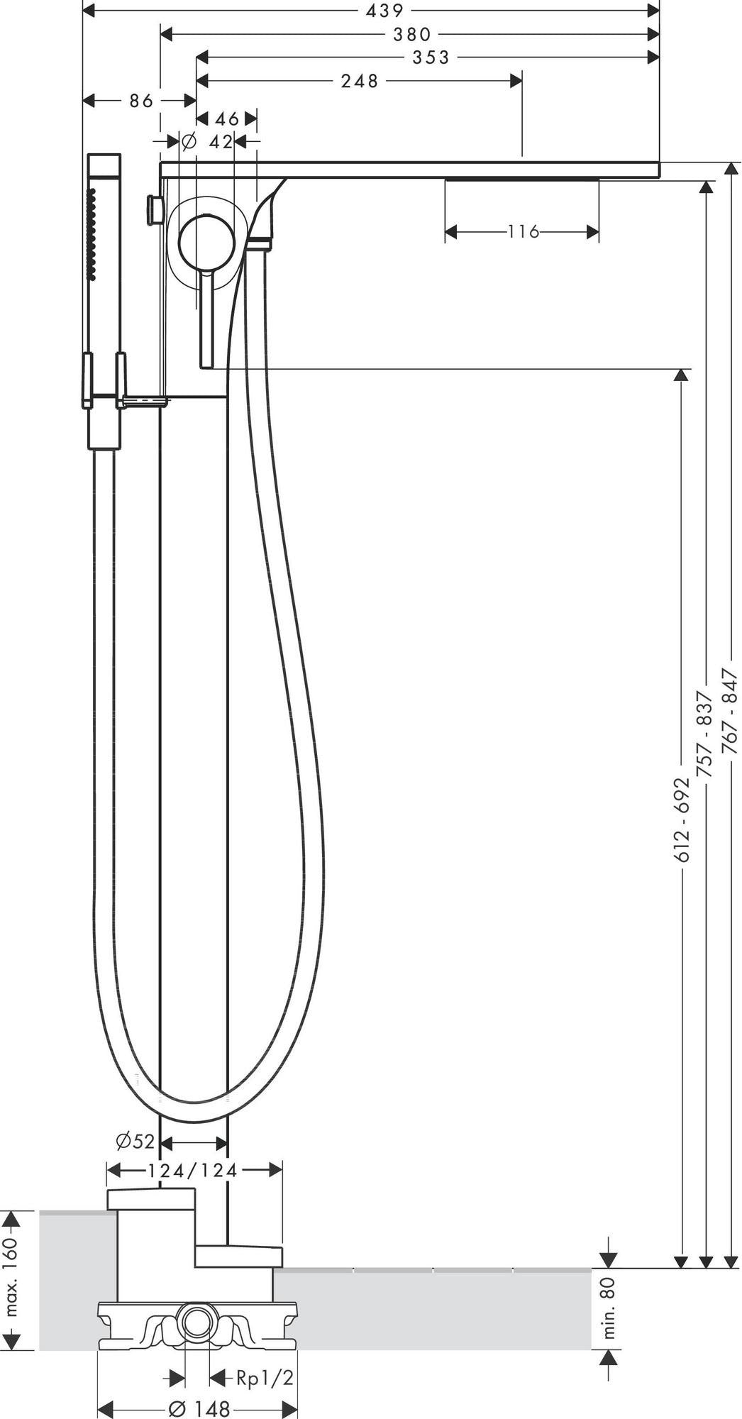 AXOR MASSAUD Einhebel-Wannenmischer DN 15 bodenstehend in Chrom – Fertigmontageset mit Handbrause